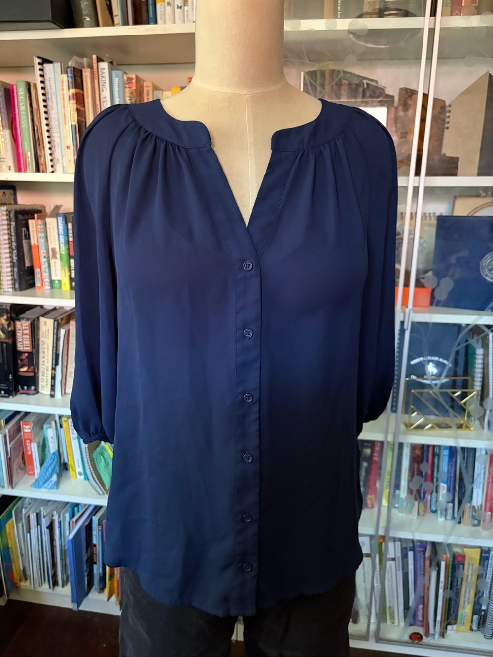 Navy button down peasant blouse
